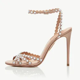 Aquazzura Tequila Sandal 105 mm Rosa Cleo Crystal Stiletto Heel Dress-skor Lyxdesigner klar PVC öppen tå kors Dammode Bröllopsfest kvällsko