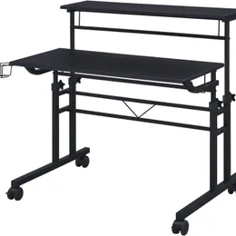 Yuvarlanan yazı yüksekliği ayarlanabilir masaüstü ve hareketli raf masası, siyah
