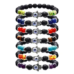 Beaded Hamsa Hand Of Fatim Charm Lava Rock Beads Armband För Kvinnor Män Evil Blue Eye Eterisk Oil Diffuser 7 Chakra Stone Diy Jew Dhx3T