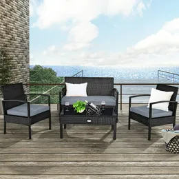 Conjunto de móveis de vime para pátio, sofá acolchoado, mesa de centro, deck de jardimSimples e conveniente