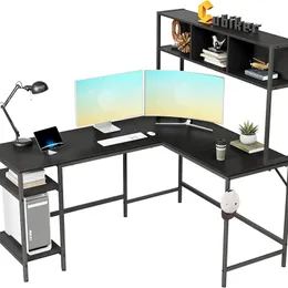 허치가있는 L 자형 책상, 60 34 코너 컴퓨터 책상, 스토리지 선반이있는 홈 오피스 게임 테이블, 우주 절약, 검은 색