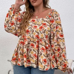 Maglietta taglie forti da donna Stampa floreale Collo quadrato Primavera estate Elegante Camicetta peplo Donna Manica lanterna Casual Donna Grande 6XL 230705