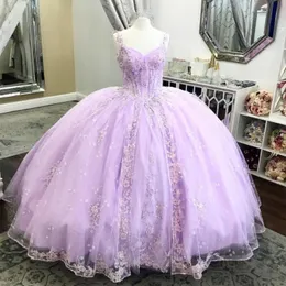 Luksusowa lawendowa koronka Off Shoulder Quinceanera sukienki suknia balowa aplikacje koronkowe frezowanie Sweet 16 Dress sukienek sznurowane