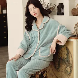 Women's Sleepwear Long Sleeve With Pocket Warm Pajamas Sleep Set 2PCS Loose Casual Shirt&Pants Suit Flannel Winter Lounge Home Wear