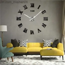 Relógios de parede sala de estar diy grande quartzo acrílico espelho relógio de parede 3d algarismos romanos design e moda arte decoração de casa adesivos de parede relógios z230707