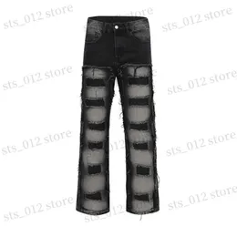 Męskie dżinsy Y2k Męskie dżinsy Streetwear Urban Hole Postrzępione proste spodnie jeansowe Unisex Luźne Harajuku Hip Hop Casual Oversize Cargo Pants T230705