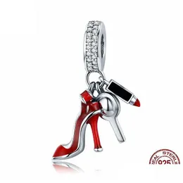 Prata 100% 925 Sterling Sier Feminino Vermelho Sapatos de Salto Alto Espelho Pingente de Maquiagem Charme Cz Contas Espaçadoras Fit Pulseira Faça Você Mesmo Jóias Presente D Dh3Xf