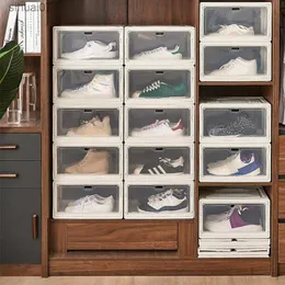 접이식 운동화 상자 경화 된 투명한 플라스틱 신발 박스 쌓아 놓을 수있는 캐비닛 저장 상자 하이탑 먼지 스루 신발 주최자 신발 랙 L230705