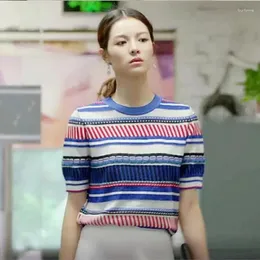 Kadın Tişörtleri Pamuklu Kadın Kazak Tişört Yaz Moda Kısa Kollu O yaka Pullover Tees Kore Günlük Örme Renk Çizgisi Üstleri