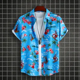 New Hawaiian Beach Vacation Shirts For Men Fashion Casual Short Sleeve Floral Printing Blouses Male Tops