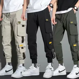 Calça Masculina Fina Streetwear Calça Casual Masculina Ribbons Harém Jogging Pants Masculino Slim Fit Spring Cargo Pants Multi-Pockets Calça Feminina Jx1 230705