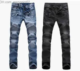 Men's Jeans Fashion Men's foreign trade light blue black jeans pants motorcycle biker men washing to do the old fold men Trousers Casual Runway Denim Z230711