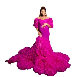 Abiti da sera alla moda Fucsia maniche a sbuffo sirena abito premaman lusso lussureggiante tulle increspature abiti da gravidanza per abiti da fotografia