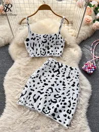 فستان من قطعتين Singreiny Leopard Print Women Suits Summer Mini Camis Top High Weist Short Skirt Short Fashion Sexy Sexy Knitted Sets 230705