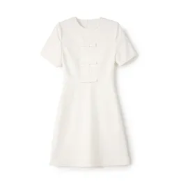 2023 الصيف أبيض الصلبة لون الشريط التعادل لبن فستان قصير الأكمام جولة الرقبة في الركبة بطول الفساتين العرضية W3L044211