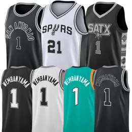 1 Victor Basketball Unisex Wembanyama Jerseys 2023 첫 라운드 픽 San'Antonio''spurs''tim Duncan Black White Jersey Shirt