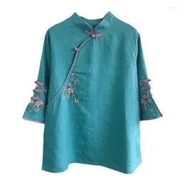 Roupas étnicas Outono Multicolor Sete Trimestre Feminino Camisa de Linho de Algodão Blusa Chinês Tradicional Feminino Formal Traje Topang Hanfu