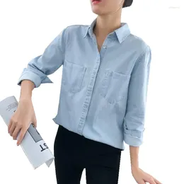 Blusas de mujer Primavera Otoño Mujer Estilo básico Bolsillo de algodón Cuello vuelto Manga larga Blusa que combina con todo Camisa de mezclilla azul Tops casuales