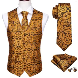 Coletes masculinos 4 peças colete de seda masculino festa casamento estampado dourado sólido floral colete bolso gravata quadrada fino conjunto de terno Barry.Wang BM-2012