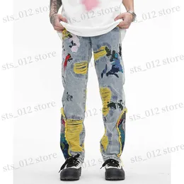 Herrenjeans High Street Designer-Jeans für Herren Lochstickerei Baggy Casual Denim-Hose Unisex ausgefranste Distressed Patchwork-Cargohose T230705