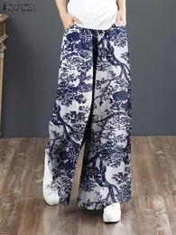 Dambyxor Capris ZANZEA Höstvintage blommiga långbyxor Kvinnor Byxor med vida ben Oversize Bohemian Cotton Pantn Lös Harem Palazzo J230705