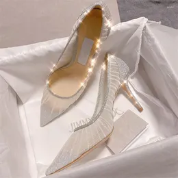 Sapatos sociais Senhoras Salto alto de cristal Mesh Renda Slip On Feminino Sapatos de bico fino Stiletto Mulheres Sandálias Noiva Festa de casamento Baile de formatura