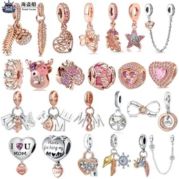 For pandora charms authentic 925 silver beads Dangle Charm Pendant Heart Shape Leather Maple Rose Gold Bead