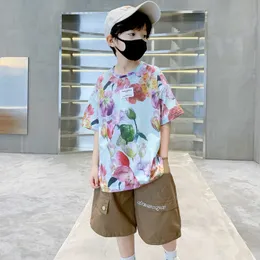 Trikots Kinder Junge Casual Outfits Kinder Blumen T-shirt Kurzarm Shorts Zwei Stücke Kleidung Koreanische Sommer Kleinkind Teenager Kostüme 230704