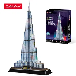 3D-pussel CubicFun LED Dubai Burj Khalifa 57 5" H Arkitektur Byggnadsmodellsatser 136st Tower Jigsaw Leksaker för vuxna Barn 230704