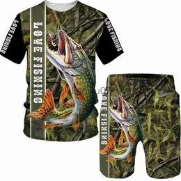 メンズ Tシャツ男性 3D 魚プリントスポーツ釣りキャンプ迷彩狩猟 Tシャツセット男性服ストリートプラスサイズ TeesShortSuits J230705