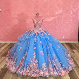 Sky Blue Sexy con scollo a V Tull Princess Prom Party Dresses Quinceanera Dress 3DFlowers Ball Gown Sweet 15 16 Dress For Girls