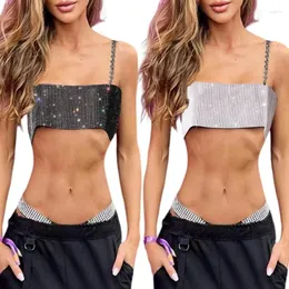 Regata feminina Sexy brilhante com strass Tubo de corrente Sutiãs noturnos Feminino sem mangas Metal arrastão Mesh Camisola Drop