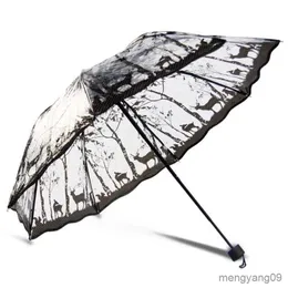 傘透明傘女性雨三つ折り厚いプラスチッククリアレース日傘ファッション女の子傘 R230705