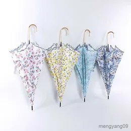 Umbrellas Long Floral Flower Umbrella for Lady Girl Embroidery Sunshade Curved Handle Straight Holiday Beach Umbrella for Women R230705