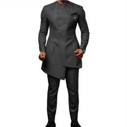 African Stand Collar Men Suit 2 Piece Male Dress Wedding Groom Dark Grey Slim Fit Business Prom Party Tuxedo Man Blazer Men's267u