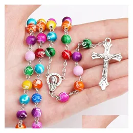Pendant Necklaces Religious Catholic Rainbow Rosary Long Jesus Cross 8Mm Bead Chains For Women Men S Fashion Christian Jewelry Drop Dh4Zx