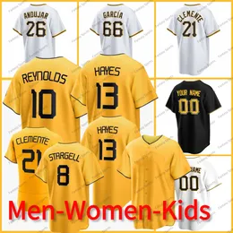 2023 City Connect Baseball Jersey Barry Bonds 8 Willie Stargell KeBryan Hayes Bryan Reynolds Roberto Clemente Tucupita Marcano Ryan Vilade David Bednar Amarelo