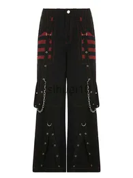 Dambyxor Capris Goth Dark Y2k Punk Breda Ben Grunge Black Pants Mall Gothic Harajuku Baggy Byxor med hög midja Strap Patchwork Techwear Kläder J230705