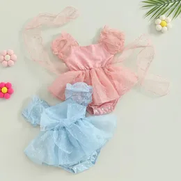 Rompers 2023-05-14 Lioraitiin 0-18M Baby Girls Cute Mesh Jumpsuit Bow Short Sleeve Patchwork Romper Dress Toddler Fashion Clothes