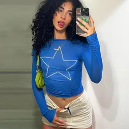 Damen T-Shirt Blue Star Print Grafik Langarm Damen T-Shirt Figurbetont Slim Bottoming Crop Top INS Harajuku Casual Y2K E Girl Tees 230704