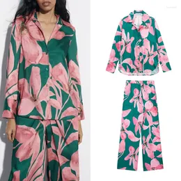 Women's Two Piece Pants Summer Spring Set For Women Blouses Straight Female Flowers Print Clothes Ladies Wide Leg Youth Suit