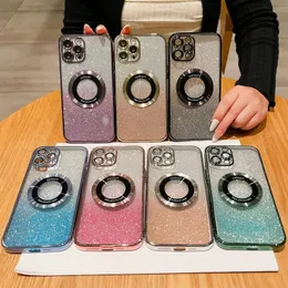 Luxo gradiente glitter chapeamento ímã para caso tpu macio para iphone 15 14 13 12 11 pro plus max carga sem fio logotipo buraco capa