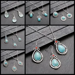 Collier Boucles D'oreilles Ensemble Ethnique Turquoises Vintage Argent Plaqué Fleur Goutte D'eau Ensembles Bijoux Féminins