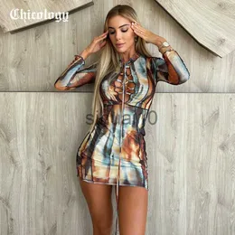 Abiti casual Chicology 2021 Donna Autunno Inverno Tie Dye Dress Bandage Lace Up Manica lunga Mini aderente Y2K Streetwear Fashion Slim Dress J230705