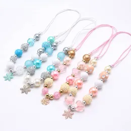 Cute Design Girls Snowflake Pendant Chunky Beads Necklace Child Kids Adjustable Rope Necklace For Valentine's Day Gifts