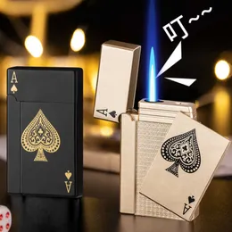 Nouvelle personnalité métal Poker briquet coupe-vent créatif son lumineux bleu flamme gonflable Cigarette accessoires cadeau SA75 pas de gaz