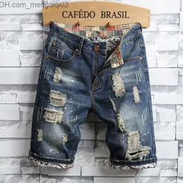 Jeans Masculino Shorts Jeans Slim Masculino Marca Rasgado Verão Capri Moda Masculina Motociclista Casual Elasticidade Desgastado Buraco Azul Denim Short Jean Z230707