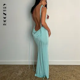 Dwuczęściowa sukienka BoozRey letnie sznurki seksowna huśtawka kołnierz Backless bez rękawów Maxi Prom kobiety Hollow rozcięcie solidna szata imprezowa sukienki 230704