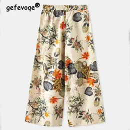 Spodnie damskie Capris Letnia bawełniana pościel Kwiatowy nadruk Wysoka talia Proste spodnie Damskie luźne dorywczo spodnie szerokie nogawki Kobiece spodnie w stylu Vintage Fashion Lady J230705