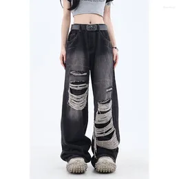Jeans feminino Y2K vintage preto rasgado superdimensionado desgastado lavado solto calça reta perna americana street girl larga